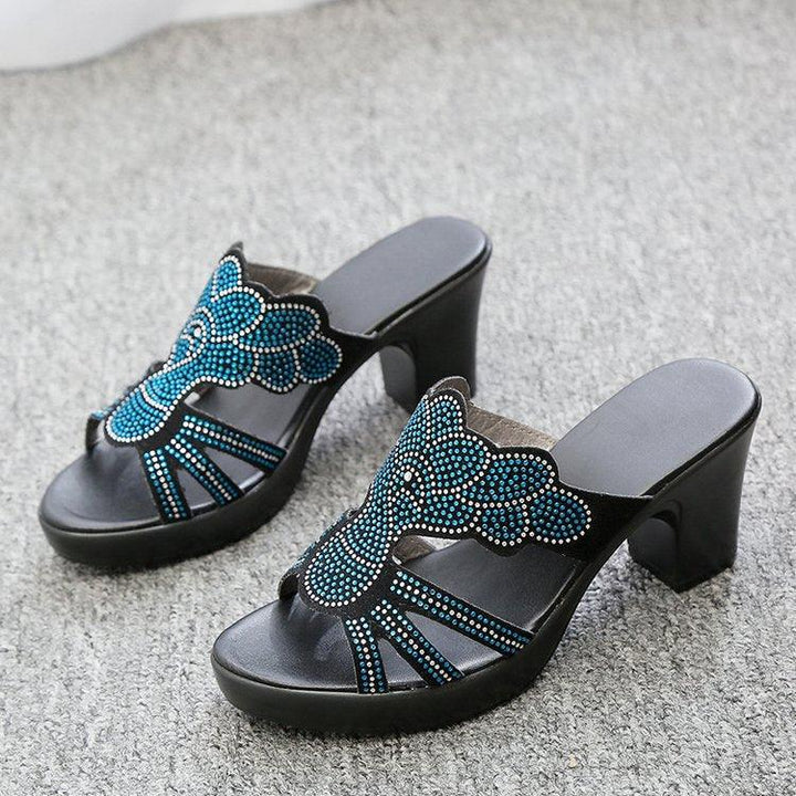 Large Size Thick Heel High Heel Rhinestone Hollow Fish Mouth Sandals And Slippers Women - MRSLM