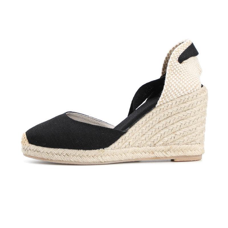 Hemp Rope Straw Sandals Sponge Cake Thick-soled Wedges With Baotou Linen - MRSLM