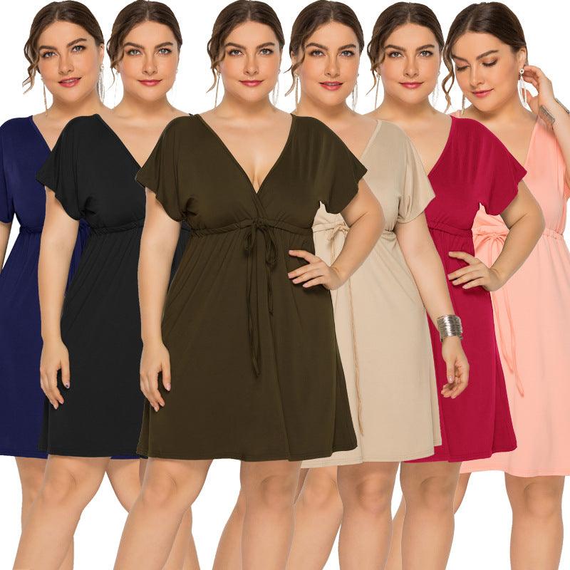 Solid color short sleeve deep V-neck short dress - MRSLM