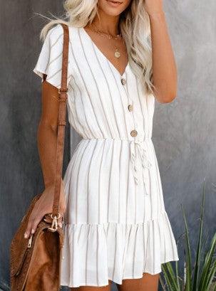 Striped short sleeve tie waist casual dress - MRSLM