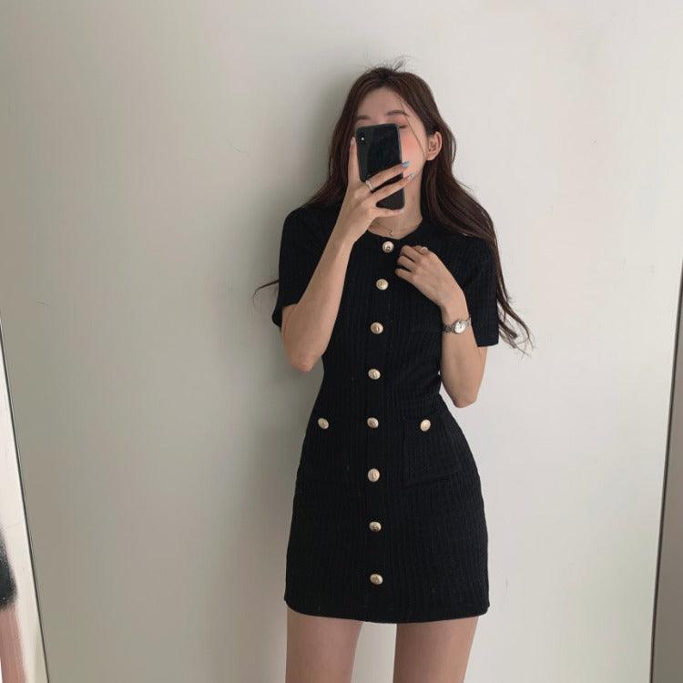 Single row French sweet round neck slim knitted dress - MRSLM