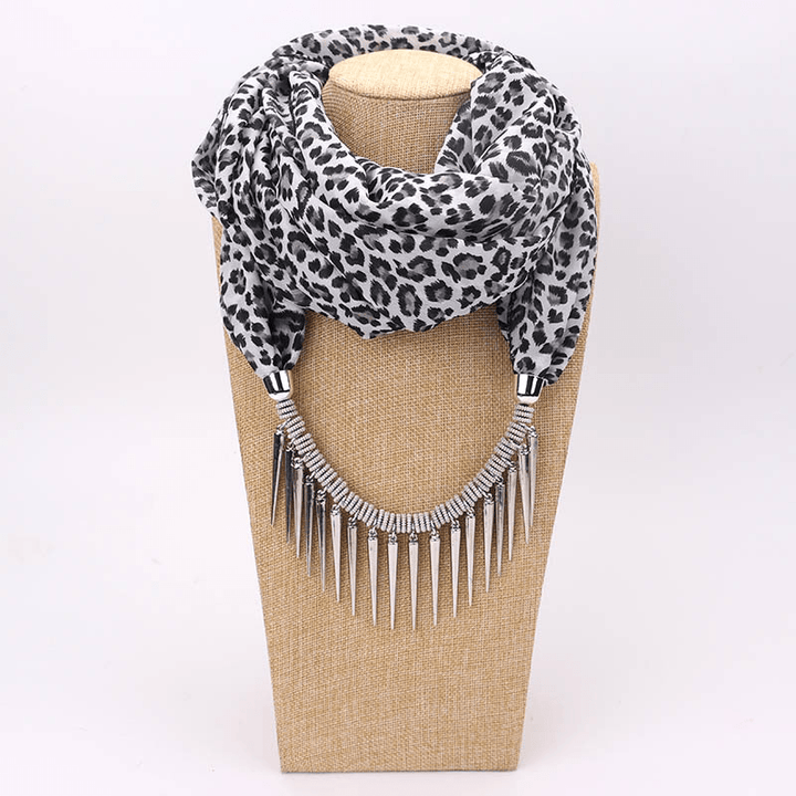 Print Alloy Pendant Scarf Beaded Pendant Scarfprinted Chiffon Necklace - MRSLM