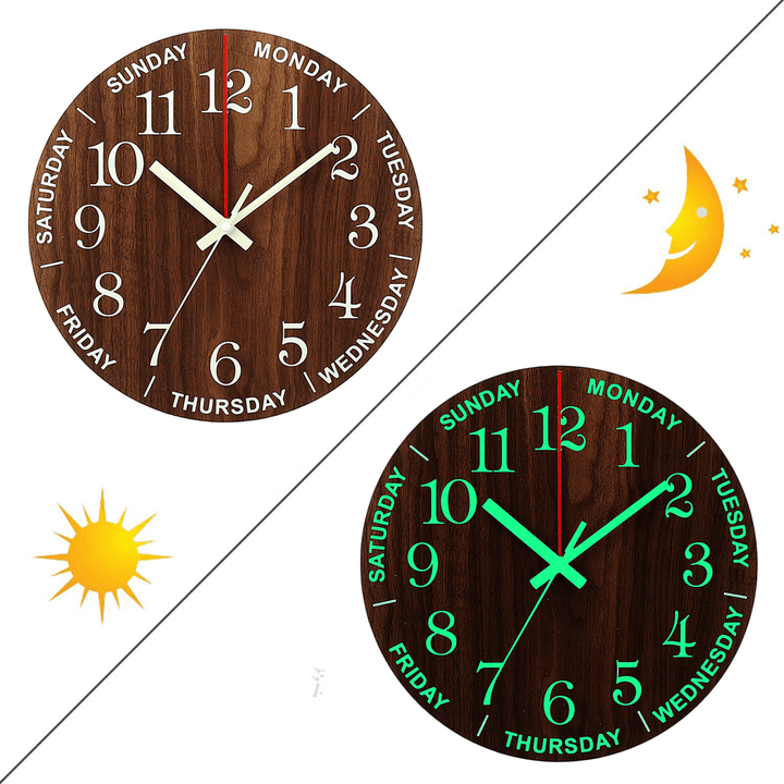 12 Inch Luminous Wall Clock Wooden Silent Non-Ticking Clock with Night Light - MRSLM