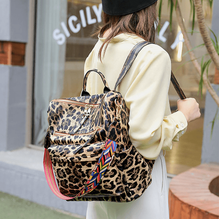 Women Faux Leather Leopard and Flowers Pattern Fashion Casual Backpack - MRSLM