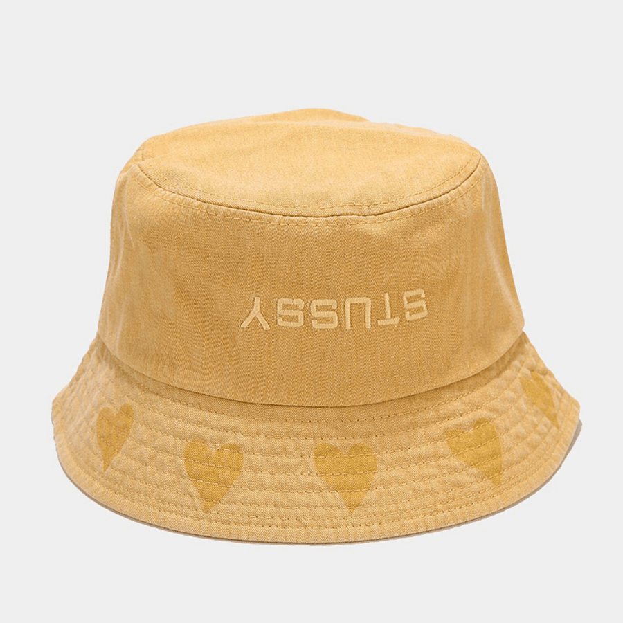 Unisex Love Pattern Bucket Hat Washed Made-Old Letter Embroidery Fashion Sunscreen Hat - MRSLM