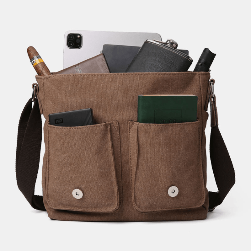 Men Double Front Pocket Large Capacity Crossbody Bag Retro Canvas Horizontal Solid Color Anti-Theft Shoulder Bag - MRSLM