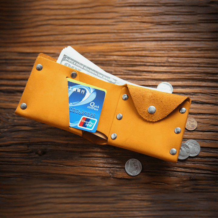 Men Short Bifold Cowhide Wallet Rivet Design Large Capacity Card Holder Coin Purse - MRSLM