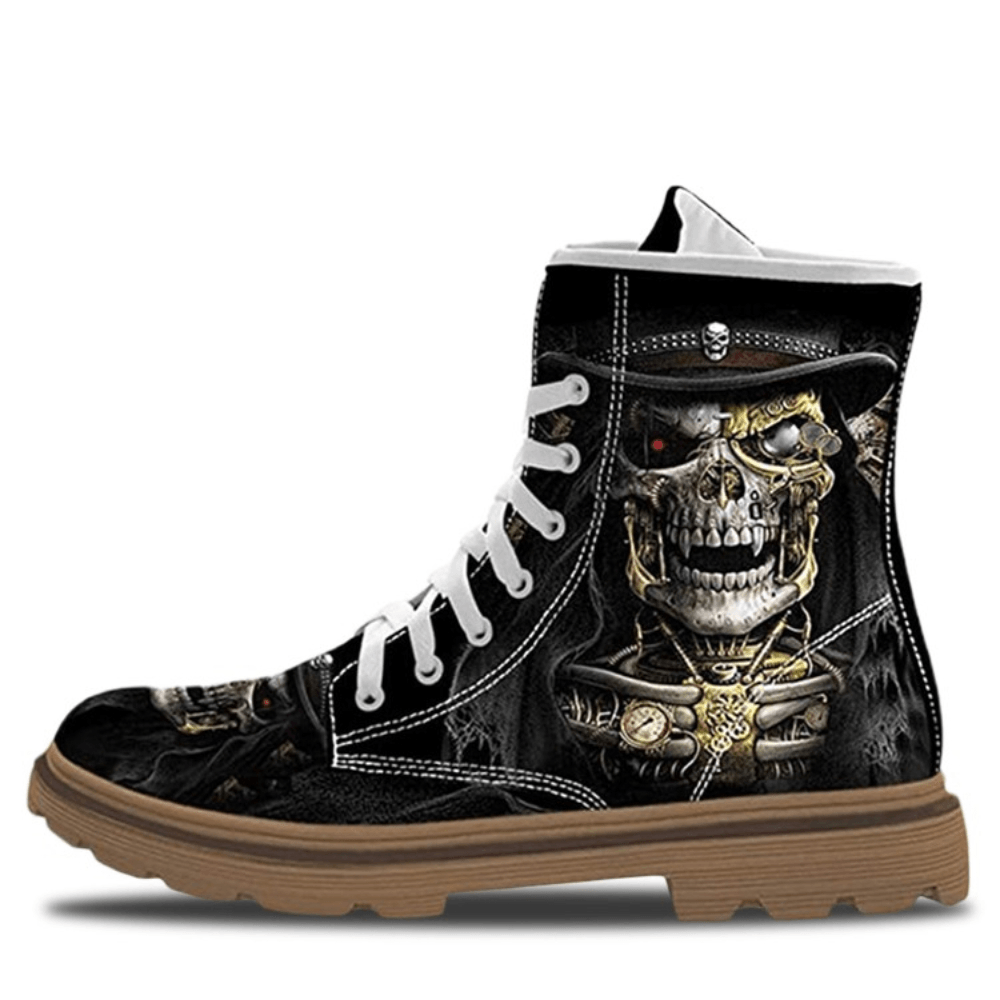 Men Leather Halloween Soft Sole Funny Skull Printing Lace up Casual Martin Ankle Boots - MRSLM