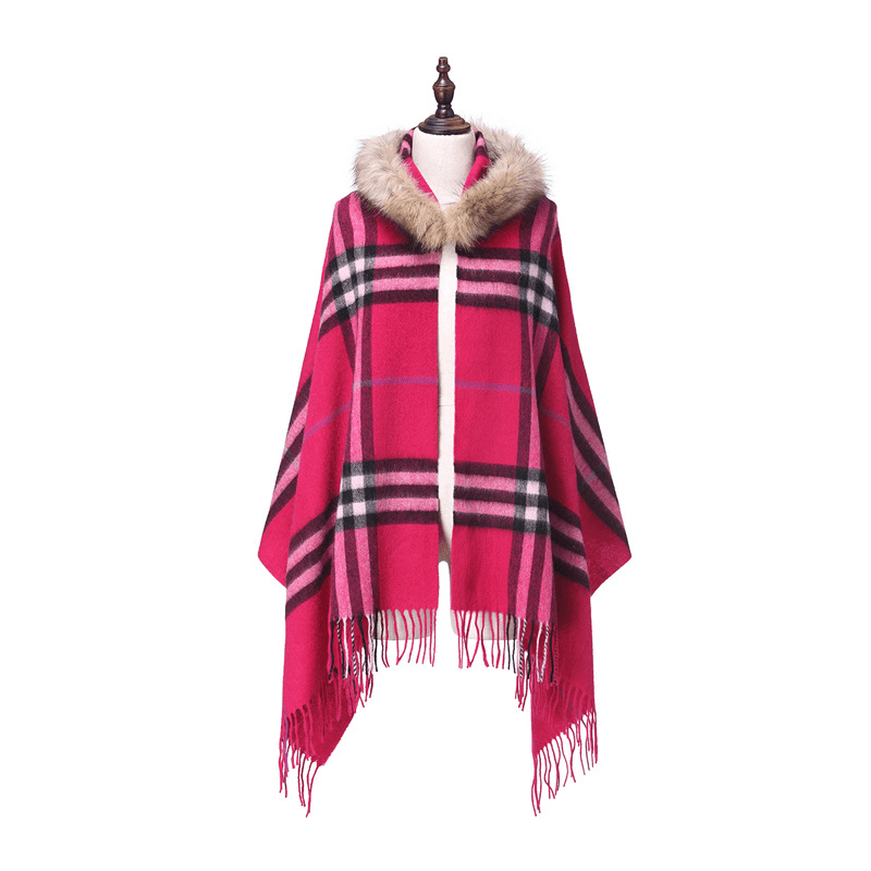 Women'S Shawl Raccoon Fur Collar Wool Plaid Scarf - MRSLM