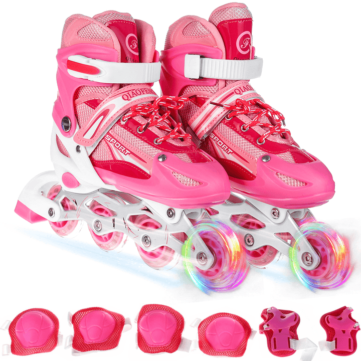 Professional Adjustable Inline Skates Sneakers Roller Blades with 1 Flashing Wheel Protective Gear Set for Kids Teen Adult - MRSLM