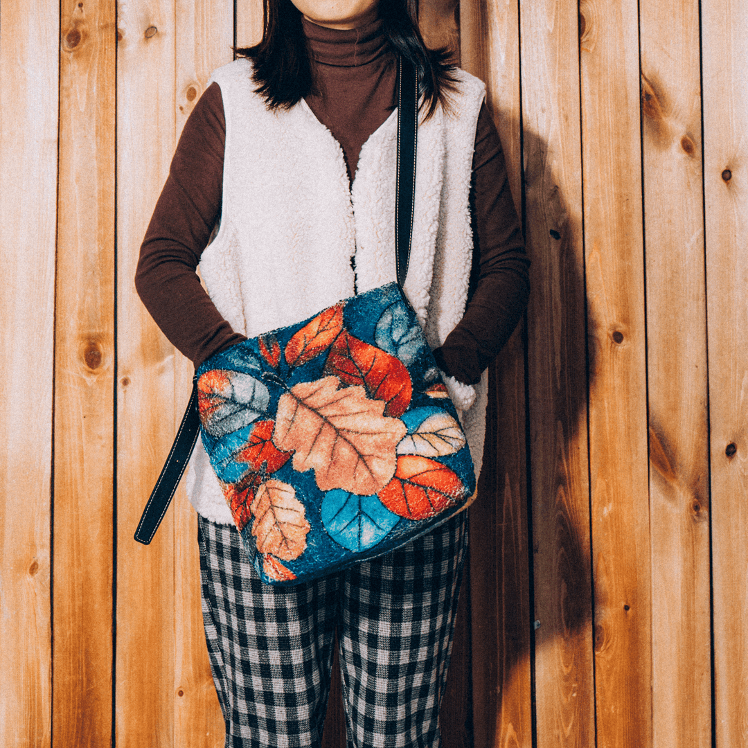 Women Colorful Leaf DIY Lamb Hair Bag Crossbody Bag Shoulder Bag - MRSLM