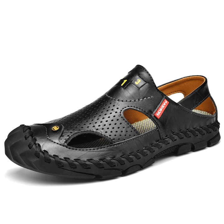 Men'S Leather Casual Breathable Foldable Thick Bottom Outdoor Non-Slip Beach Shoes - MRSLM