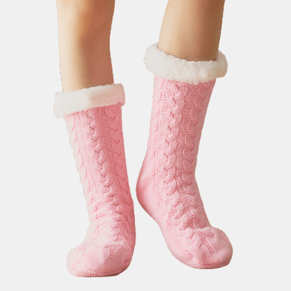 Women Warm Winter Outdoor Solid Color plus Velvet Thicken Home Sleep Socks Tube Socks - MRSLM