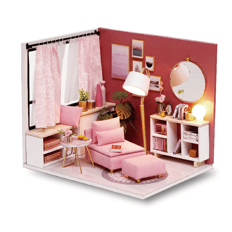 Cuteroom H-017 H-018Happiness Time Living Room Corner DIY Doll House with Furniture Music Light Cover Miniature Model Gift Decor - MRSLM
