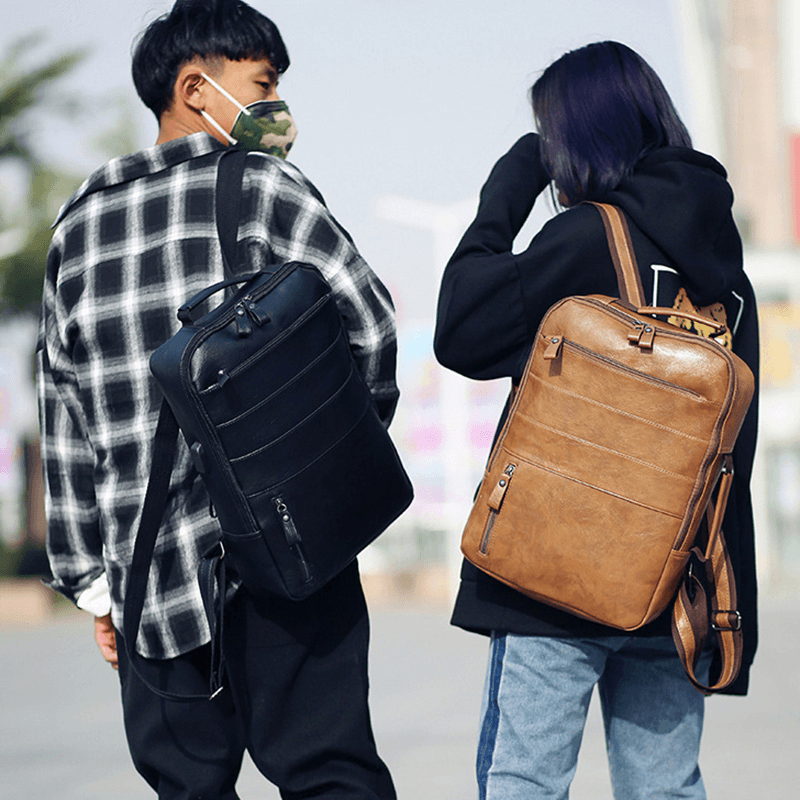 Men Faux Leather Large Capacity Backpack Handbag - MRSLM