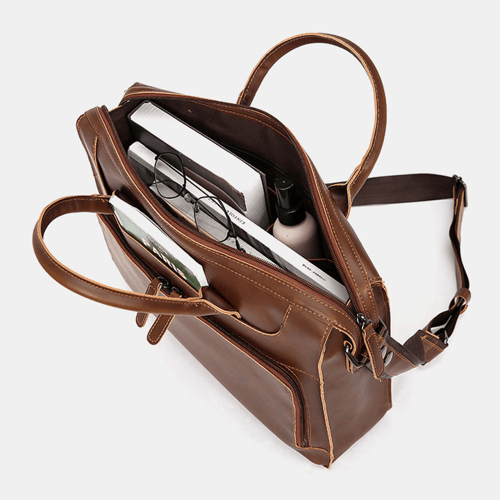 Men Horizontal Multi-Pocket Multi-Compartment Briefcase Vintage PU Leather 14 Inch Laptop Bag Crossbody Bag Shoulder Bag Handbag - MRSLM