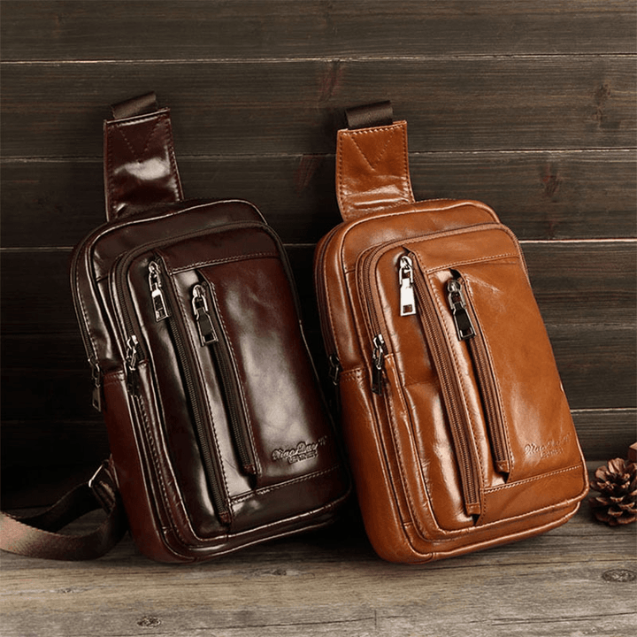 Men Retro Soft Leather Multi-Pocket Chest Bag Multifunction Large Capacity Messenger Bag Single Shoulder Bag - MRSLM