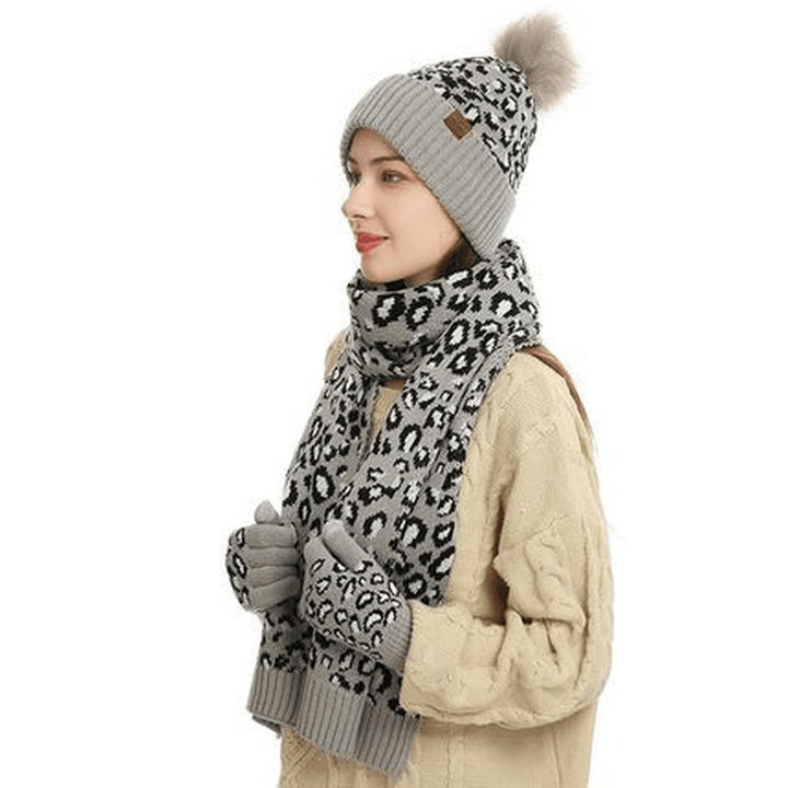 Winter Leopard Print Warm Knitted Wool Hat Scarf Gloves Three Piece Set - MRSLM