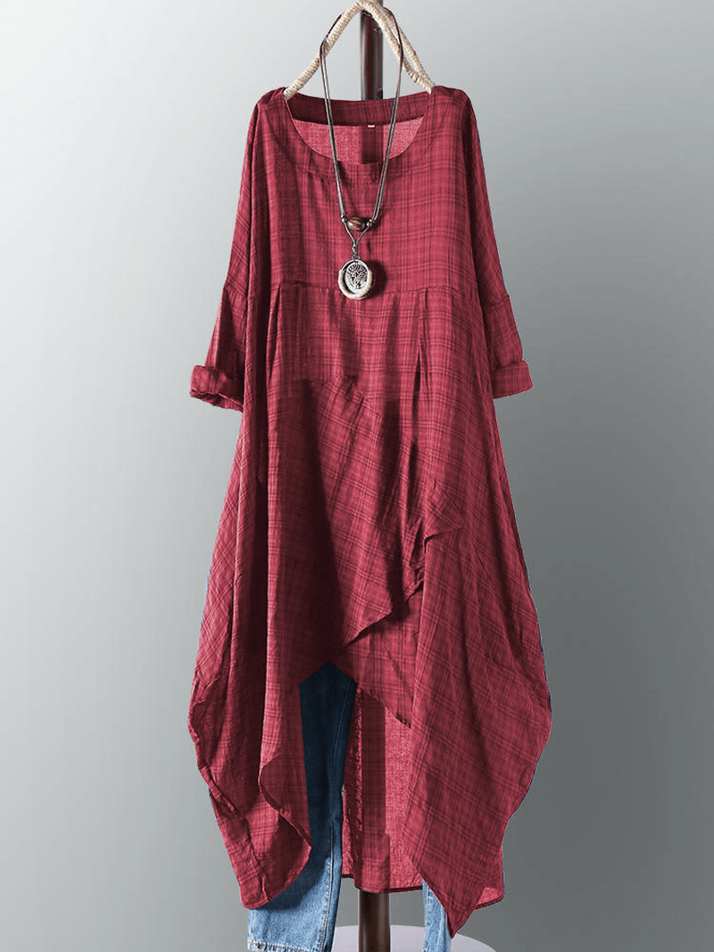 Vintage Women Cotton Pocket Plaid Irregular Hem Maxi Dress - MRSLM