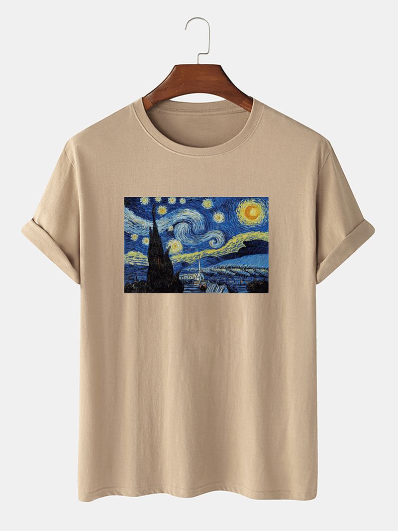 Mens Van Gogh Starry Sky Oil Painting 100% Cotton Short Sleeve Designer T-Shirts - MRSLM