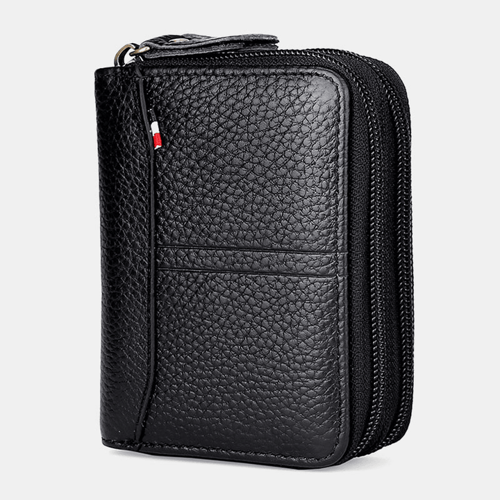 Men Genuine Leather Large Capacity RFID Lychee Pattern Organ Shape Multi-Slot Card Holder Wallet - MRSLM