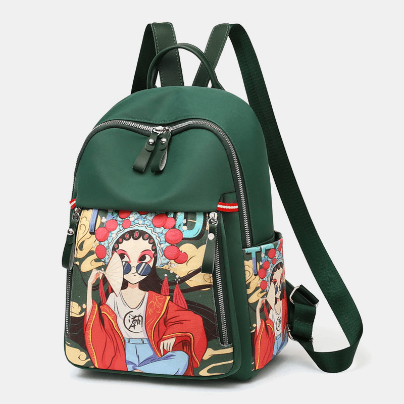 Women Oxford Cartoon Peking Opera Characters Printed Backpack Large Capacity Multi-Pocket Shoulder Bag - MRSLM