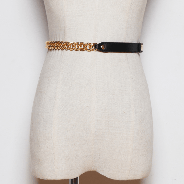 Metal Chain Stitching PU Leather Belt Female Wild Belt Decoration Dress Shirt Waist Chain - MRSLM