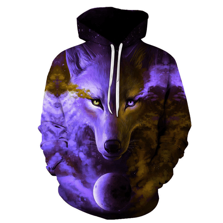 Purple Series Wolf 3D Digital Printing Wolf Hooded Casual Sweater - MRSLM