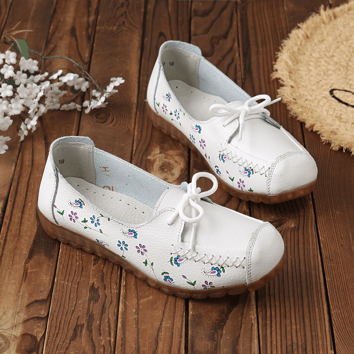 Women Bowknot Flowers Printing Comfy Non Slip Soft Sole Casual Leather Loafers - MRSLM