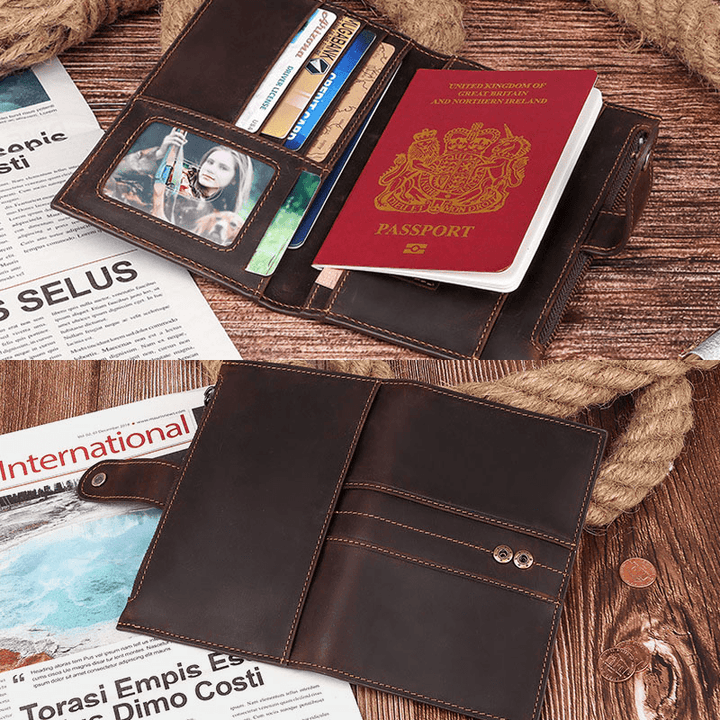 Men Genuine Leather Multi-Card Slots Money Clip SIM Card Multi-Function Passport Book Wallet Purse - MRSLM
