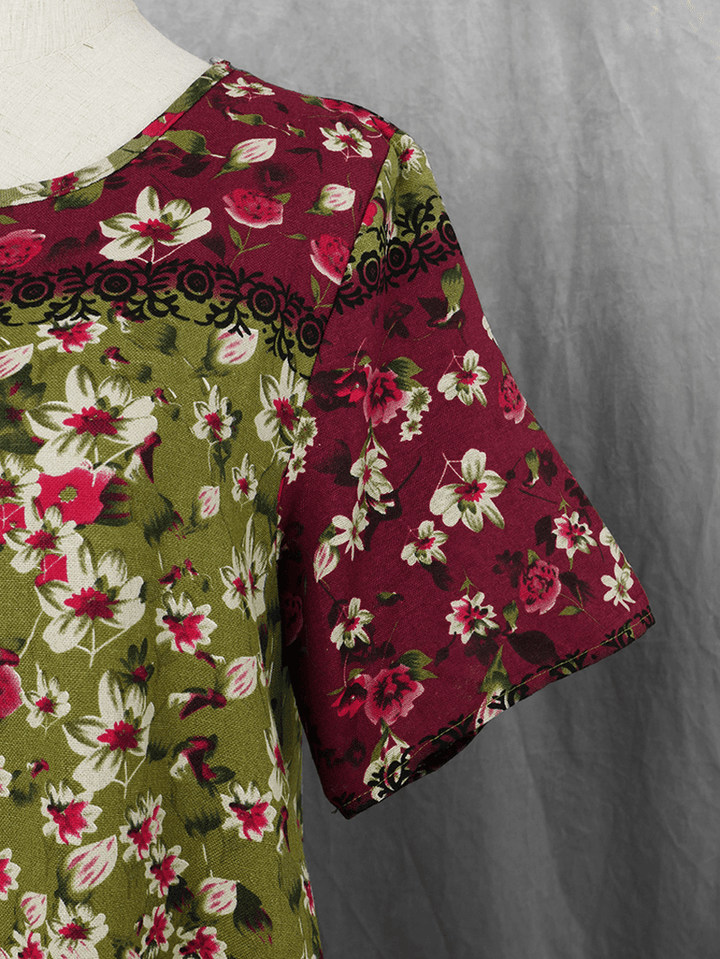 Women Casual Loose Cotton Floral Print Short Sleeve Dress - MRSLM