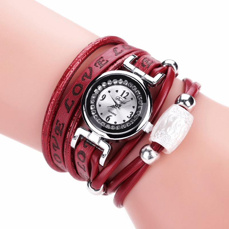Fashion Luxury Rhinestone PU Leather Women Quartz Watch Bracelet Watch - MRSLM