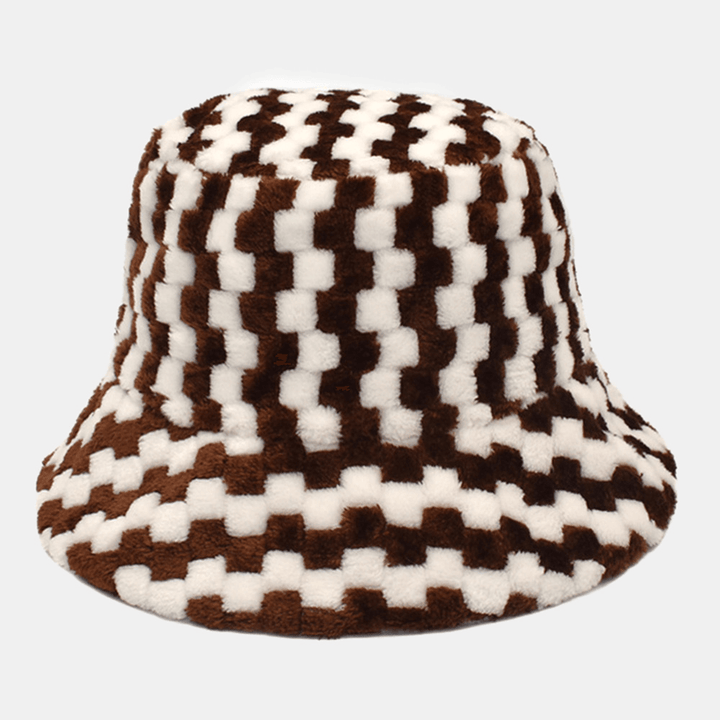 Unisex Lattice Jacquard Plush Warmth Bucket Hat Outdoor Casual Thicken Cool Protection Faux Rabbit Fur Hat - MRSLM