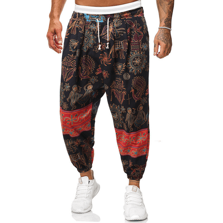 Casual Harem Pants Men'S Ethnic Style Cotton and Linen Loose Cropped Trousers - MRSLM