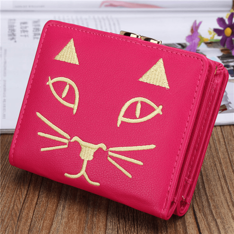 Women Cute Cat Short Wallet Ladies Lovely Animal Hasp Purse Card Holder Coin Bags - MRSLM
