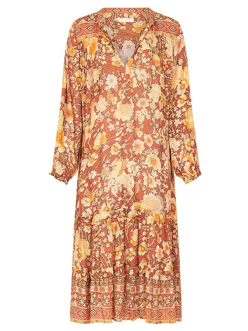 Bohemian Floral Print V-Neck Long Sleeve Mid-Long Dress - MRSLM