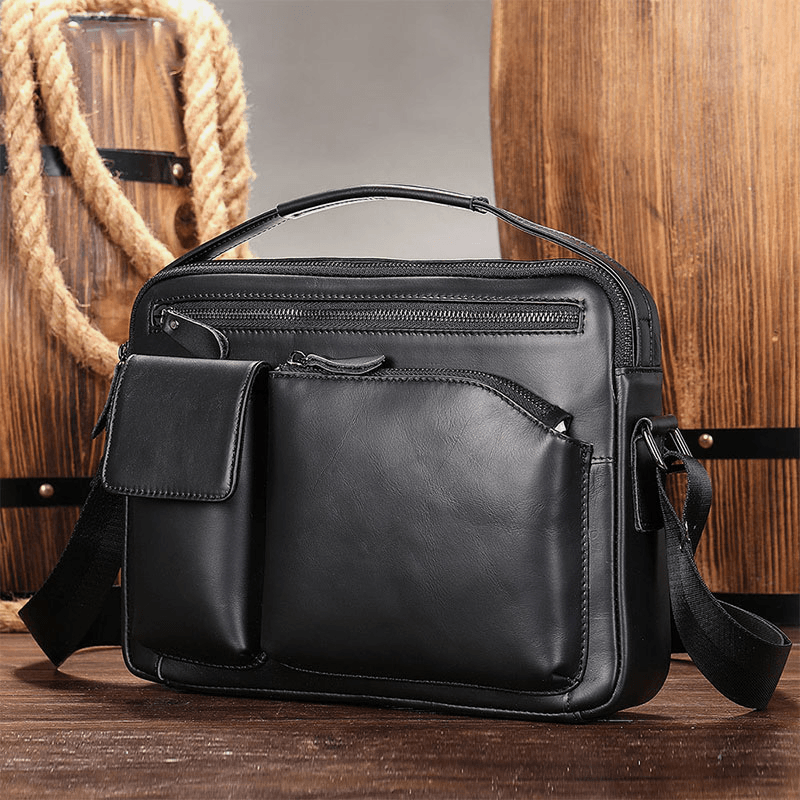 Men Oil Wax Leather Large Capacity Waterproof Messenger Bag Briefcase Multi-Pocket Cowhide Crossbody Bags Shoulder Bag - MRSLM