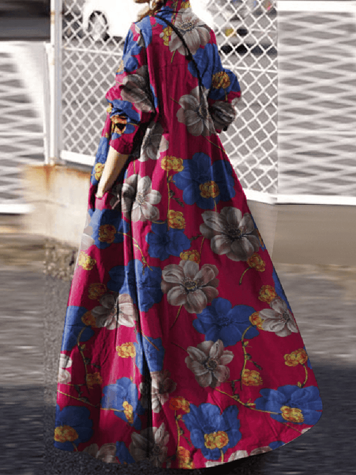 Women Floral Printed Cotton Vintage Maxi Dresses with Side Pockets - MRSLM