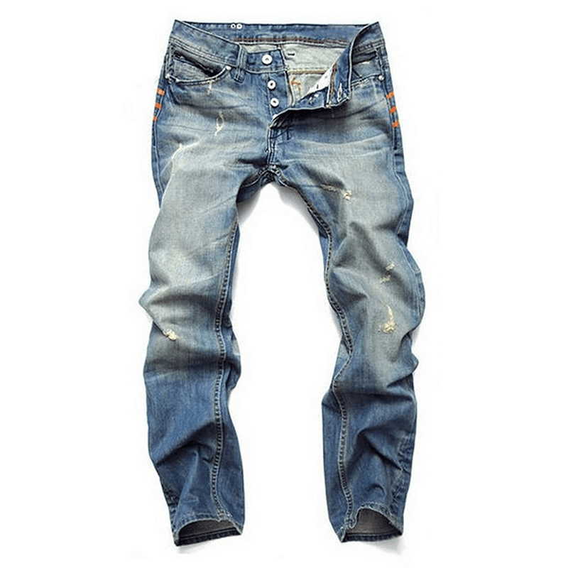 Ripped Fold Stitching Straight Washed Jeans - MRSLM