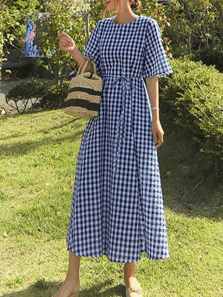 Women Summer Short Sleeve Plaid Bow-Knot Casual Dress - MRSLM
