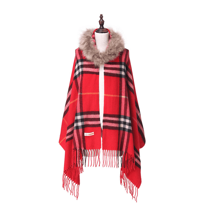 Women'S Shawl Raccoon Fur Collar Wool Plaid Scarf - MRSLM