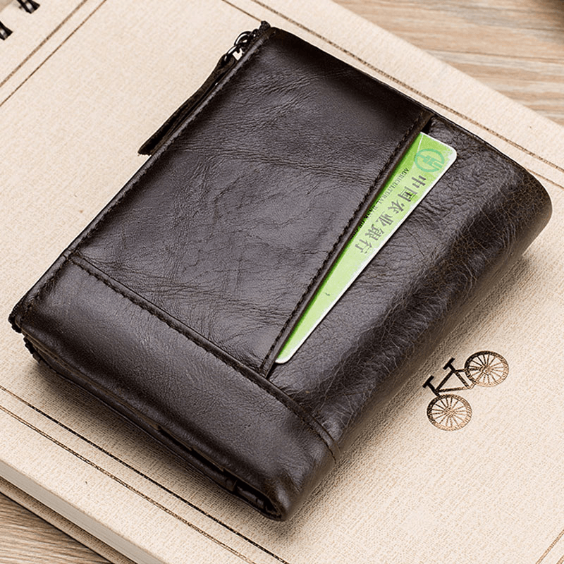 Men Genuine Leather Anti-Theft Zipper Multi-Slot Business Retro Leather Card Holder Wallet - MRSLM