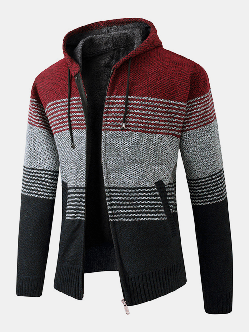Mens Stripe Colorblock Knitted Fleece Lined Warm Hooded Cardigans with Pocket - MRSLM