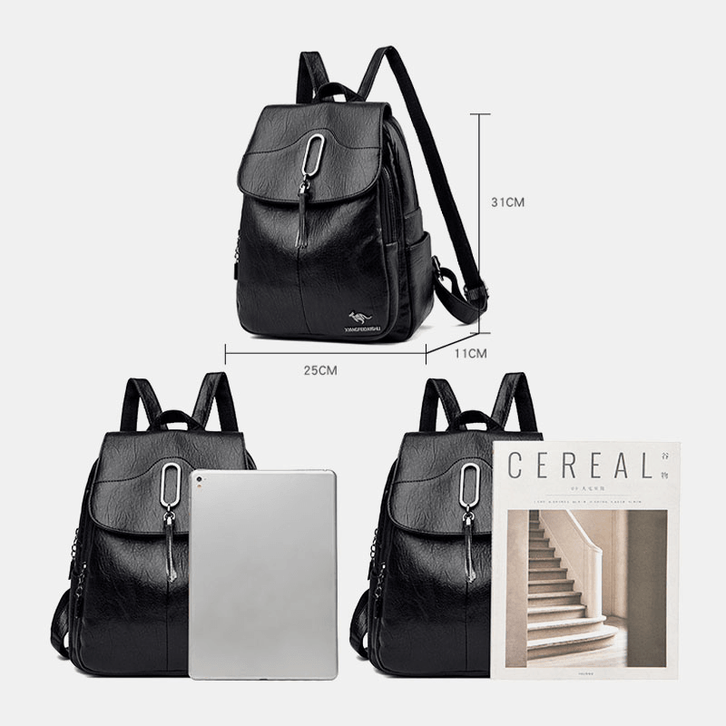 Women Vintage Soild Multi-Pockets Multi-Carry Anti-Theft Backpack Leage Capacity Soft Leather Shoulder Bag - MRSLM
