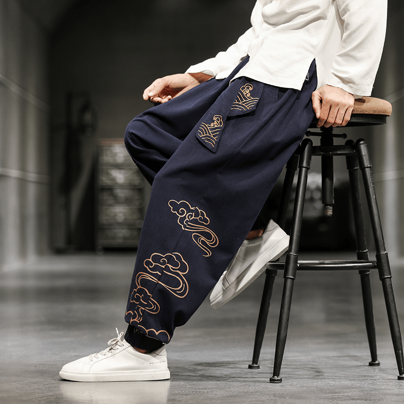 New Chinese Style Men'S Trousers Printed Loose Wide-Leg Trousers plus Size - MRSLM