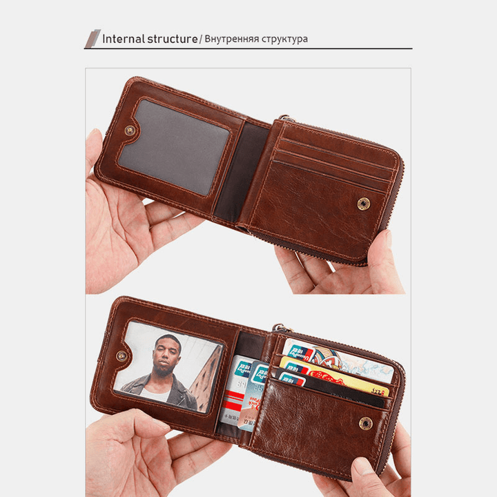 Men Genuine Leather Retro RFID Blocking Zipper Coin Bag Card Holder Wallet - MRSLM