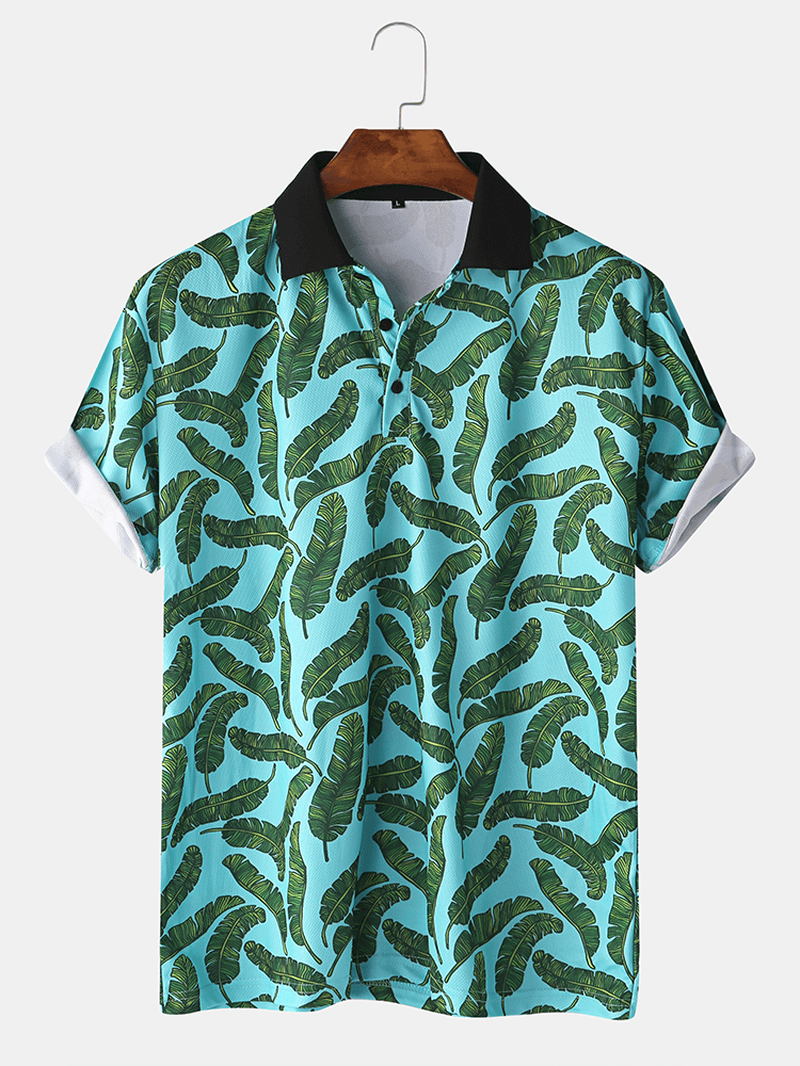 Men Casual Holiday Banana Leaf Print Golf Shirt - MRSLM