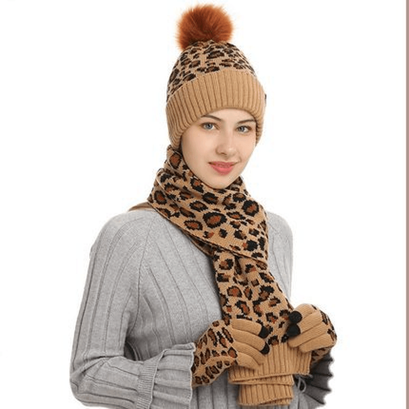 Winter Leopard Print Warm Knitted Wool Hat Scarf Gloves Three Piece Set - MRSLM
