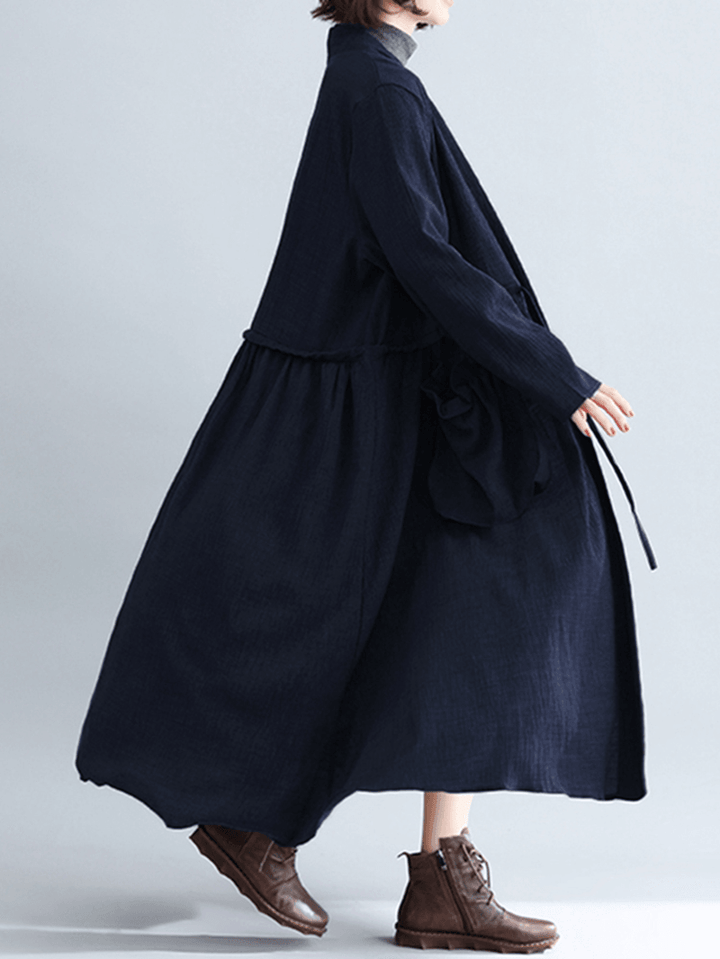 Women Pure Color Cotton Loose Long Sleeve Pockets Trench - MRSLM