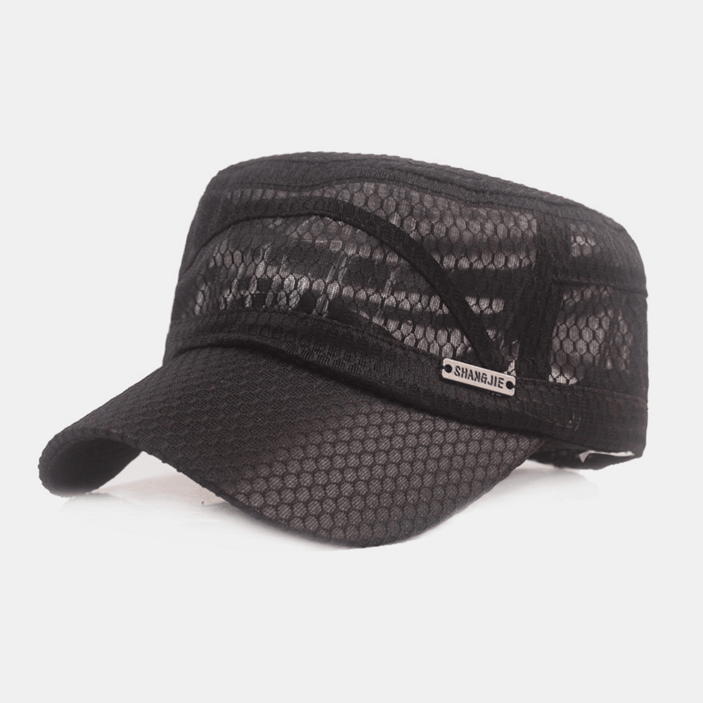 Men Adjustable Mesh Breathable Solid Color Military Cap Flat Cap with Letter Metal Label - MRSLM